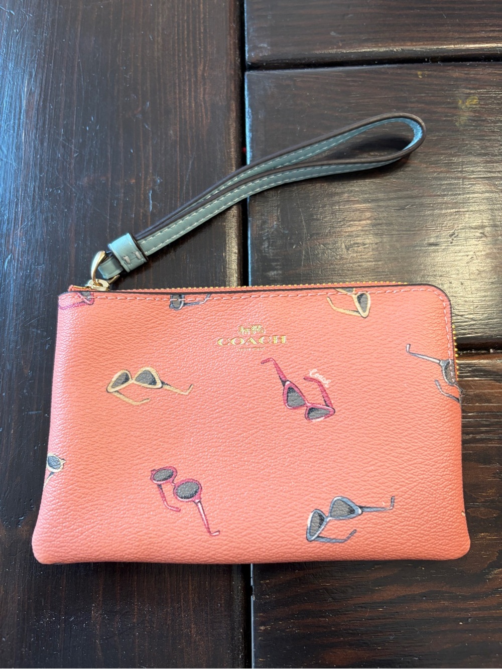 Coach Coral Pink Leather Wristlet with Sunglasses Motif NWOT